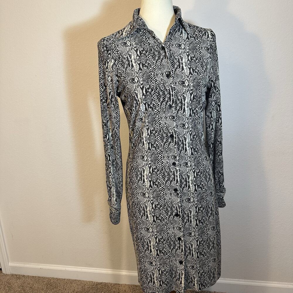 Norma Kamali Snakeskin Long Sleeve Dress Bodycon Button Up Gray Jersey Stretchy - Picture 10 of 13